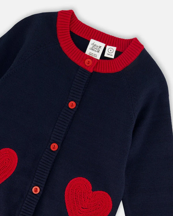 DEUX PAR DEUX- KIDS' NAVY BLUE WITH RED EMBROIDERED HEARTS KNITTED CARDIGAN SWEATER - Image 5