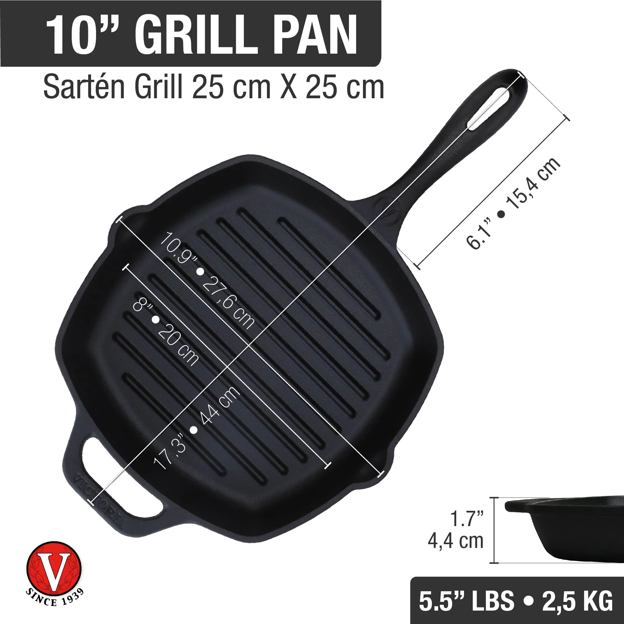 VICTORIA - 10" CAST IRON SQUARE GRILL PAN - Image 2